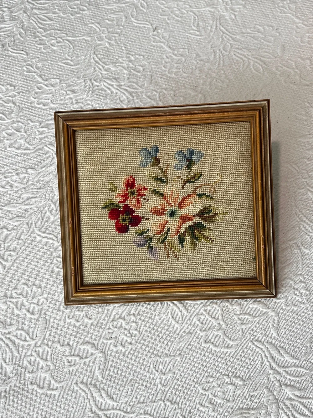 Floral Needlepoint Embroidered Framed Wall Art VTG Cottage Muted Flowers Tan